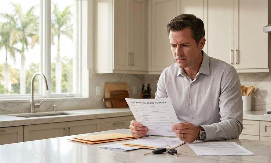 driver reading automotive lease-end inspection letter at kitchen counter, worried about luxury lease return fees, Naples Premium Collision Center pre-lease inspection, luxury vehicle lease-end costs Naples FL, understanding excess wear and tear charges, lease return strategy Collier County, review lease wear guidelines Naples Florida