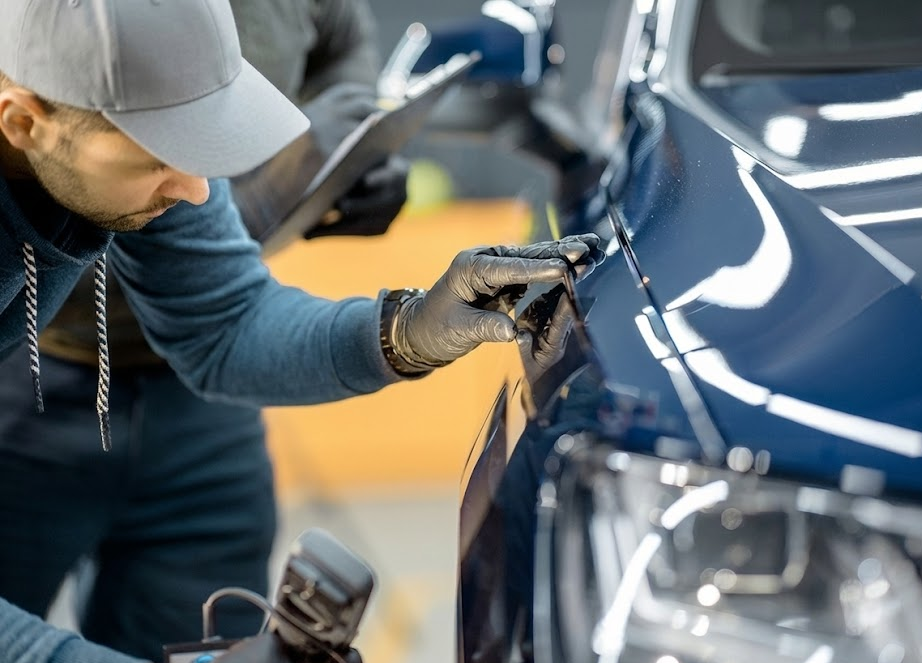 collision repair technician inspecting luxury SUV body panels, pre-lease inspection Naples Premium Collision Center, lease return preparation Naples FL, checking paint and body damage on high-end vehicle, certified collision center for Mercedes Audi Porsche, lease-end evaluation Collier County, professional auto body assessment