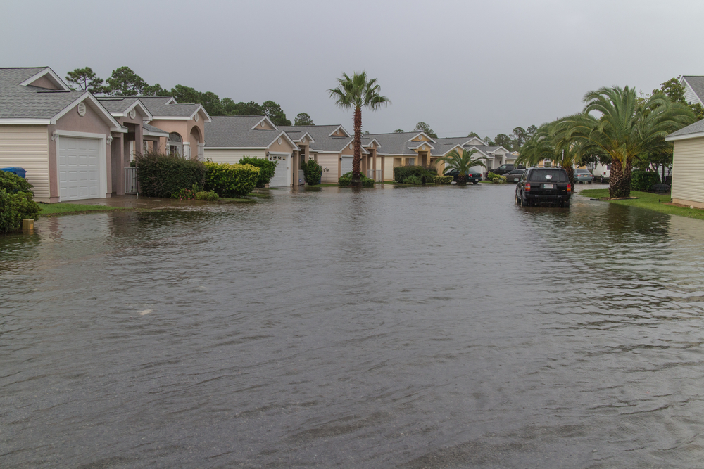 Hurricane flooding Naples FL, flooded suburban neighborhood Florida, Naples car flood risk, stormwater flooding near vehicle, water damage in Florida hurricane season, storm surge impact on vehicles