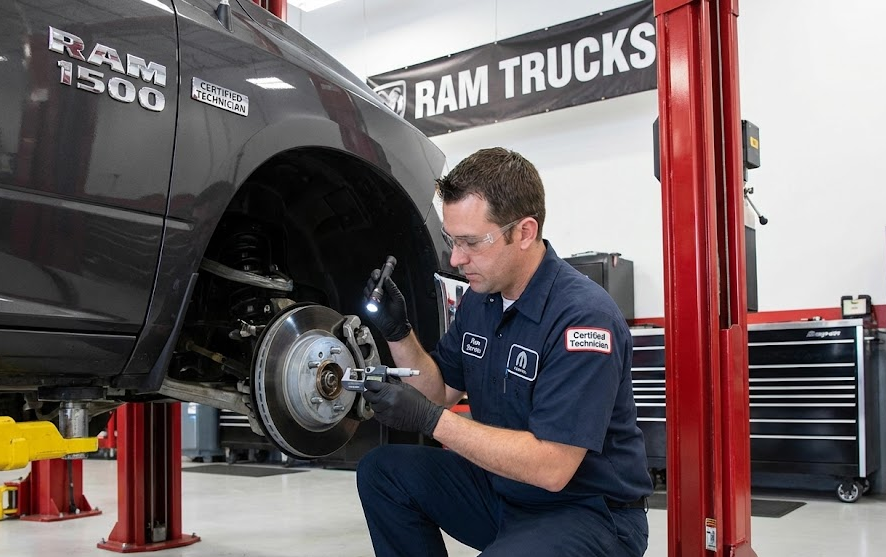 certified Mopar technician performing brake inspection on Ram 1500, Ram truck on lift in dealership service bay, Mopar brake pad and rotor check, pre-rut safety inspection Newnan GA, Ram 1500 brake service near Coweta County backroads, Newnan Chrysler Dodge Jeep Ram factory-trained technician, Ram brake pad thickness measurement, stopping power for deer season driving, Ram service near State Route 34 and Bullsboro Drive