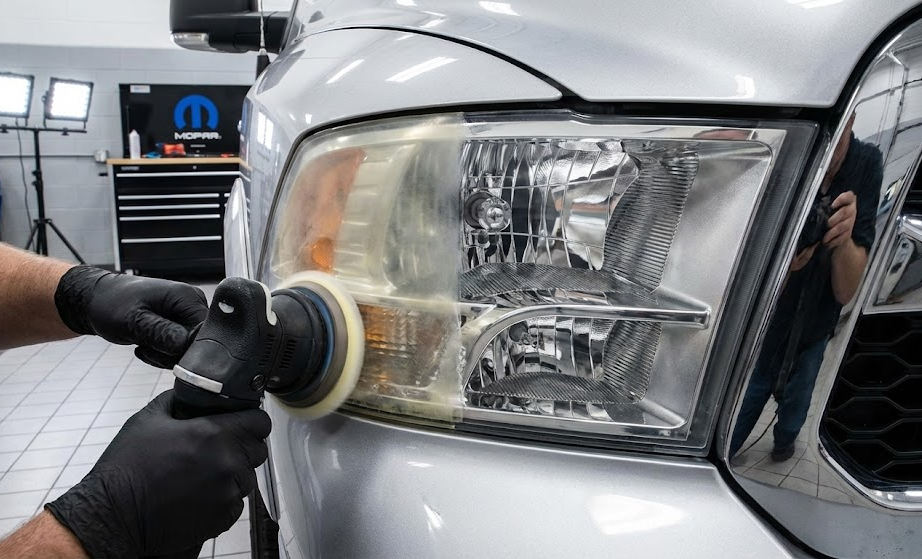 technician restoring cloudy headlight on Ram truck with polishing tool, Mopar headlight restoration service, improved nighttime visibility on Coweta County backroads, Ram headlight alignment and lens cleaning, prepare Ram 1500 for November deer season, foggy lens before and after clarity, Newnan Chrysler Dodge Jeep Ram lighting service, safe night driving near Chattahoochee Hill Country, Ram headlamp maintenance for rural roads