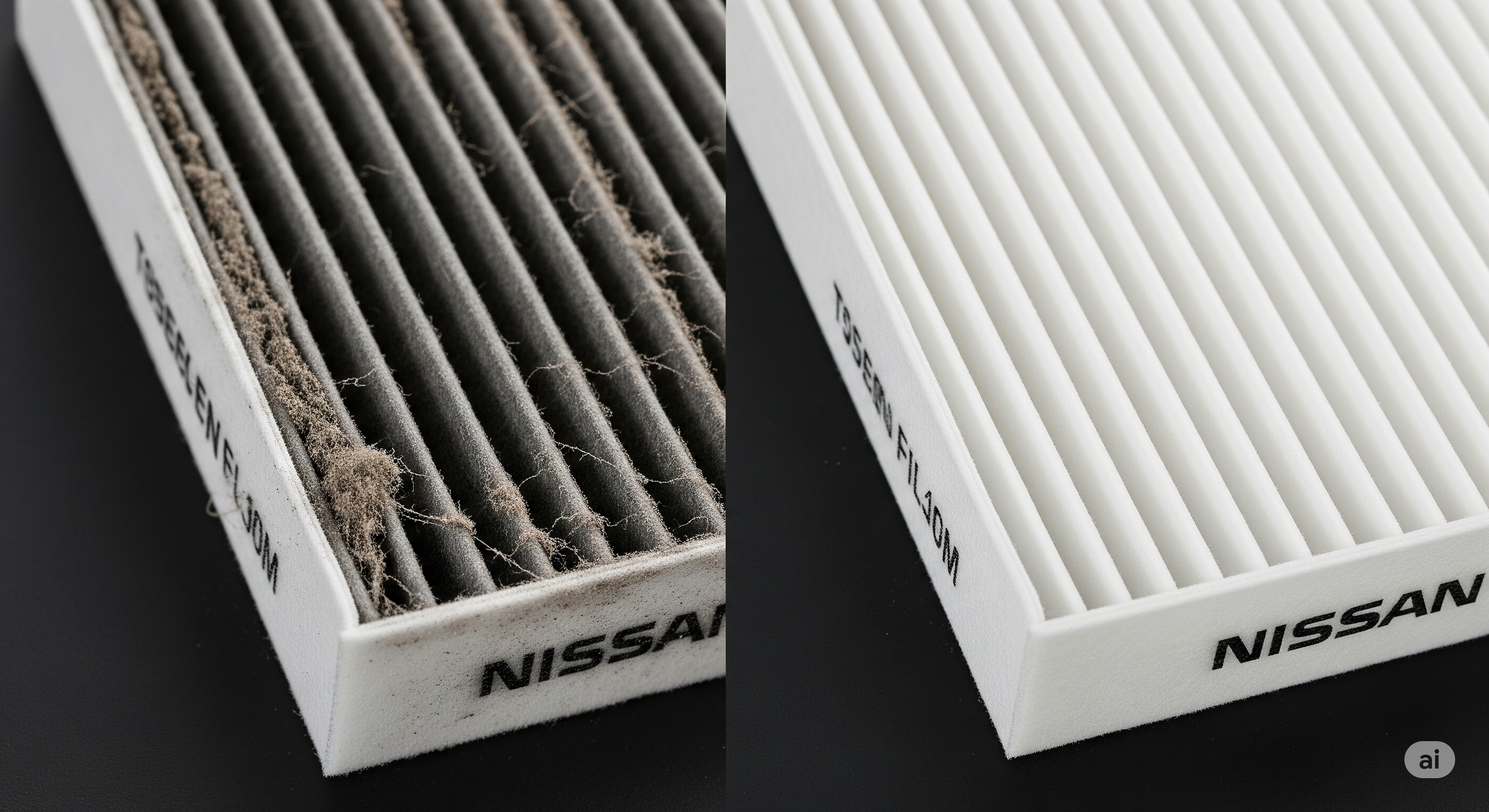 Nissan cabin air filter before and after comparison, dirty vs clean air filter for allergy protection, McDonough GA Nissan pollen filter replacement, clogged cabin filter dust and pollen, spring allergy car maintenance Georgia