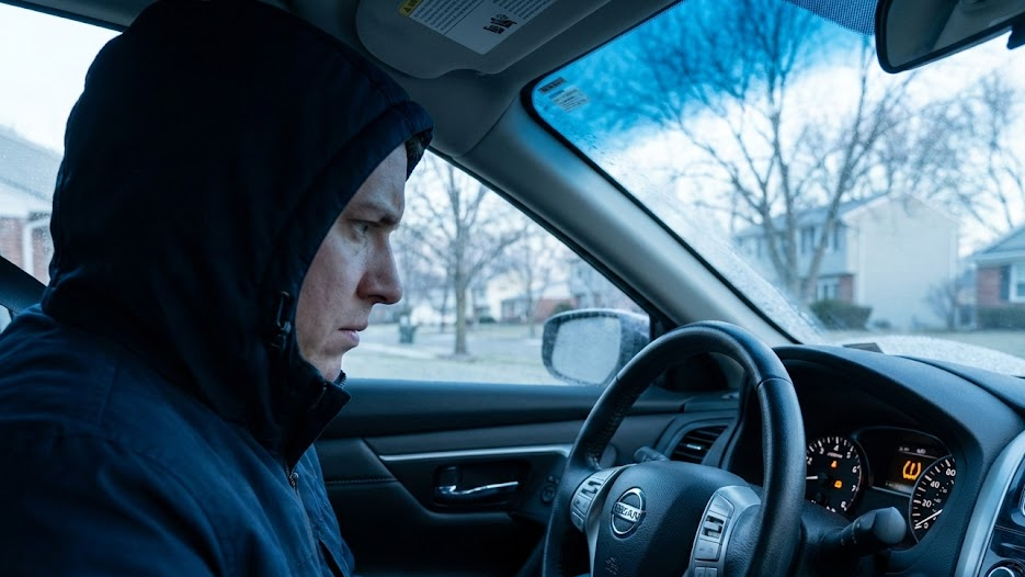 Nissan driver on cold Knoxville Tennessee morning, TPMS tire pressure warning light glowing on dashboard, Nissan sedan interior in East Tennessee fall weather, concerned driver wearing hooded jacket, frosty windshield in suburban neighborhood, Ted Russell Nissan Service Center customer, seasonal temperature drop affecting tire pressure, Nissan Altima or Rogue daily commuter, Knoxville TN tire pressure monitoring system alert, TPMS light explanation and safety reminder, Nissan service near Kingston Pike, fall and winter tire maintenance Knoxville