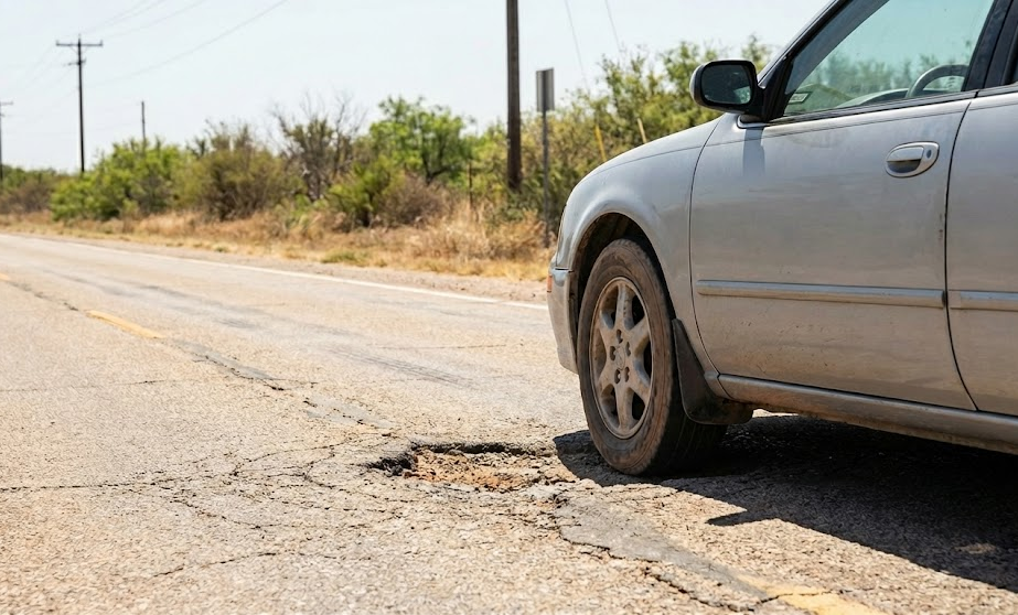 car tire hitting pothole on hot Georgia road, summer pothole damage Athens GA, suspension wear from rough pavement, wheel alignment problems after road trips, uneven asphalt on Atlanta Highway, protect Nissan tires from potholes, October alignment check Nissan of Athens Service Center, prevent cupped and uneven tire tread, Georgia heat and pothole season impact on wheel alignment