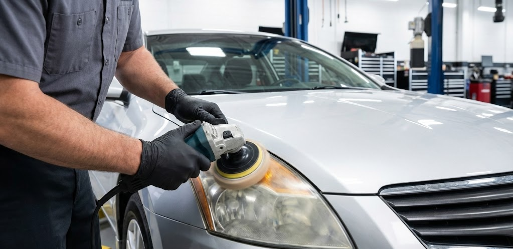 Nissan of Athens technician restoring cloudy headlight, professional headlight polishing service Athens GA, UV sealant headlight restoration, factory-trained Nissan mechanic in service bay, headlight cleaning for better nighttime visibility, remove oxidation from plastic headlight lens, auto service center near UGA campus, Nissan headlight maintenance Clarke County, improve light output for deer season, certified Nissan service department Athens Georgia
