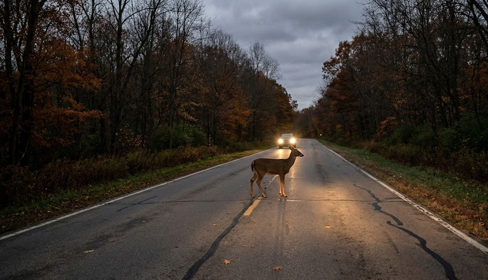whitetail deer crossing two lane highway at dusk, headlights approaching in distance, fall trees along rural Tennessee road, Highway 111 Cookeville TN deer crossing, dangerous rut season driving conditions, deer in roadway needing quick stop, importance of strong Nissan brakes, Putnam County back road visibility issues, autumn deer season travel safety, risk of deer vehicle collisions near Cookeville