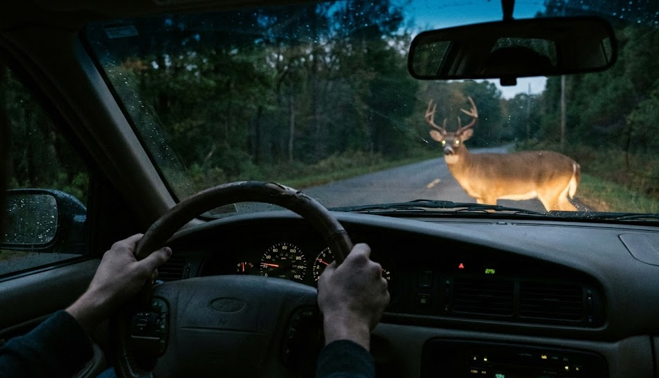 driver gripping steering wheel at night, deer in headlights in middle of rural Tennessee road, emergency braking to avoid deer collision, dangerous whitetail rut season Cookeville TN, Highway 111 deer accident risk, Nissan brake safety, need for Nissan brake inspection, Cookeville Nissan service center, Putnam County deer season driving safety, stopping distance with worn brakes, night driving anxiety around deer