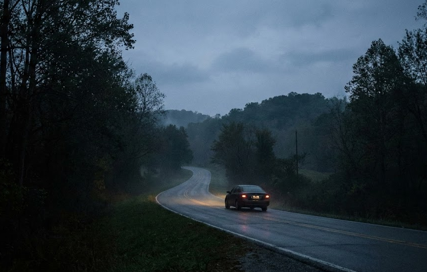 sedan driving on winding rural Tennessee road at dusk, headlights shining on wet pavement in light rain, foggy Cumberland Plateau evening commute, Nissan car on country highway curve, Upper Cumberland back road nighttime safety, Tennessee winter fog driving conditions, need bright clear headlights on Highway 111, example of real world visibility after headlight service, Nissan of Cookeville winter driving tips