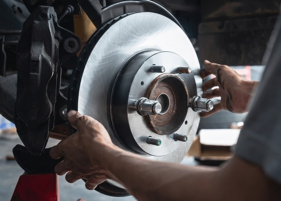 mechanic hands installing shiny new brake rotor, professional OEM Nissan brake service, detailed brake inspection at Nissan of Cookeville, rotor and brake pad replacement, certified Nissan technician checking brake system, stopping power for deer season, Cookeville TN brake repair shop, Putnam County Nissan service center, preparing brakes for Highway 111 emergency stops, genuine Nissan parts for safety systems