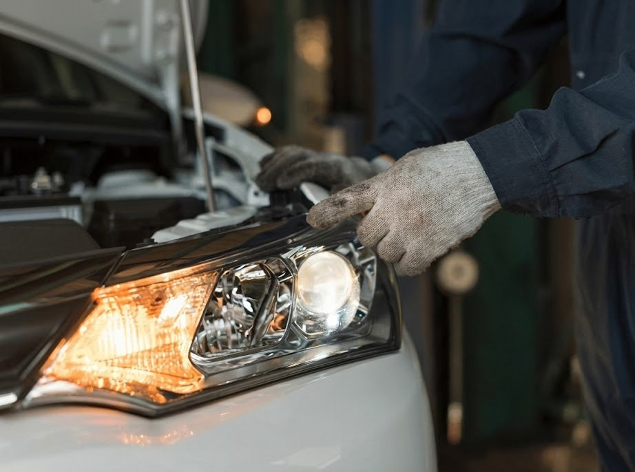 auto technician in uniform adjusting bright headlight on white car, mechanic inspecting headlight alignment in service bay, professional headlight restoration service Cookeville TN, Nissan technician aiming headlights to factory specs, genuine Nissan service center near Upper Cumberland, headlight aiming and UV sealant application, Nissan of Cookeville headlight service, prepare your Nissan for winter night driving, schedule headlight inspection online