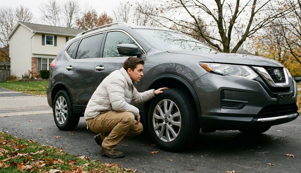 Nissan Rogue owner crouching to inspect front tire in suburban Knoxville driveway, fall leaves on ground, checking for low tire pressure after TPMS light comes on, silver Nissan SUV parked in East Tennessee neighborhood, Ted Russell Nissan Service Center customer, visual tire inspection for bulges and flat spots, seasonal tire care in Knoxville TN, Nissan crossover safety check before commute, tire pressure maintenance for Rogue drivers, complimentary tire inspection at Ted Russell Nissan