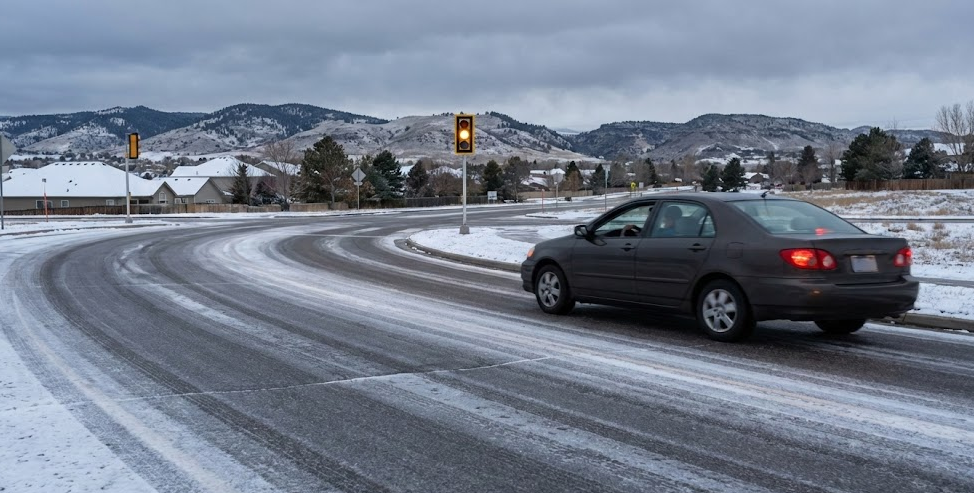 Sedan carefully driving on icy curved road in Colorado neighborhood, snow-covered pavement with thin layer of ice, foothills and mountains in the background representing Pikes Peak region, winter driving conditions near Colorado Springs suburbs, driver relying on proper winter tires for safe cornering and braking, example of real-world stopping distance challenges on slick roads, Woodmen Nissan Service encouraging winter tire upgrades, safe winter commute on routes similar to Woodmen Road and Powers Boulevard