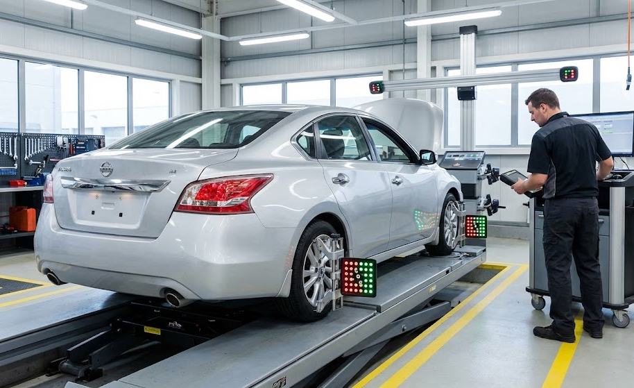 Nissan sedan on alignment rack at McDonough Nissan service center, factory-trained technician performing computerized wheel alignment, Nissan service bay near Jonesboro Road, precision camber caster toe adjustment, steering angle sensor calibration for Nissan safety systems, Georgia Nissan dealer alignment specials, Henry County GA tire and alignment shop, professional Nissan maintenance McDonough, certified Nissan alignment equipment, protect Nissan Intelligent Emergency Braking and ProPILOT Assist