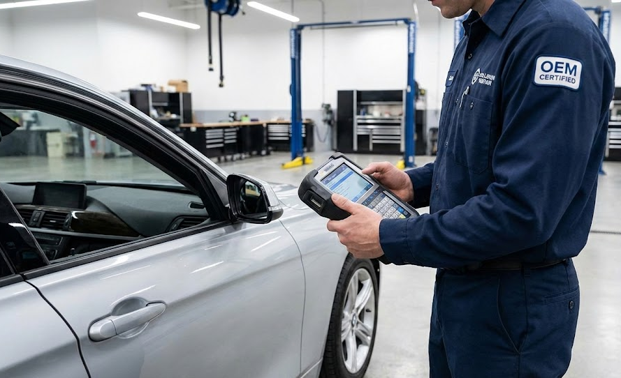 OEM certified technician scanning luxury sedan with diagnostic tablet, advanced collision repair shop Naples Premium Collision Center, ADAS calibration for bumper and sensor repair, factory approved equipment for Porsche Mercedes Audi Bentley, computerized inspection in modern auto body facility Naples FL, certified collision center protecting vehicle warranty, aluminum body and multi stage paint repair expert, Naples Florida high end import repair, Naples collision center for transport damage and insurance claims