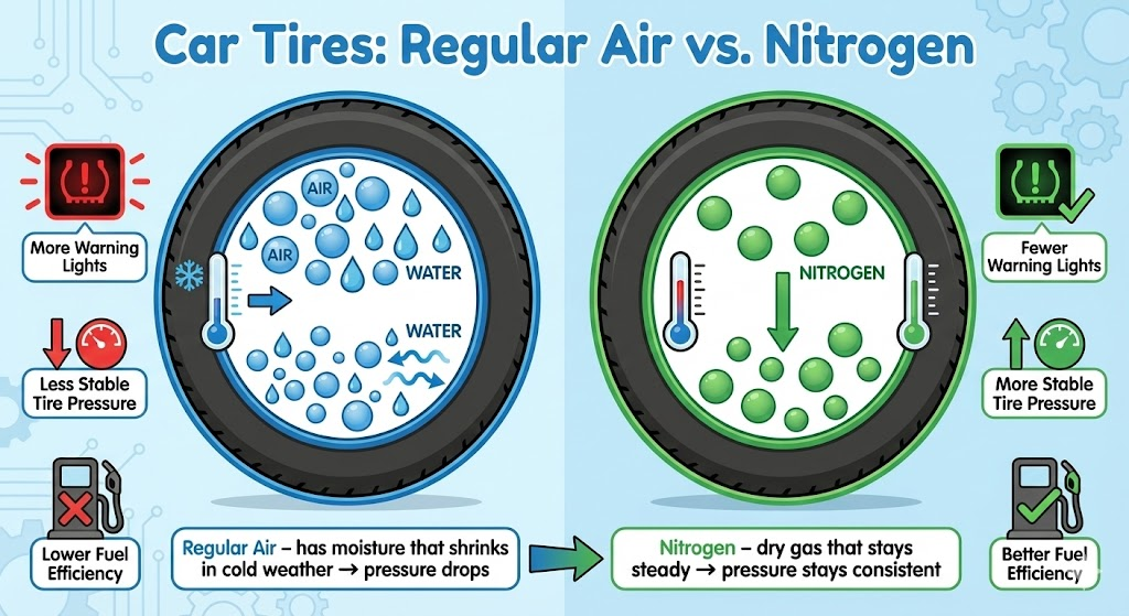 car tires regular air vs nitrogen infographic, nitrogen tire fill benefits explained, stable tire pressure in cold weather, fewer TPMS warning lights, better fuel efficiency with nitrogen, Palm Bay Ford nitrogen tire service, Ford tire maintenance Palm Bay FL, Brevard County Ford service center, nitrogen vs air tire pressure education, Florida cold front effect on PSI