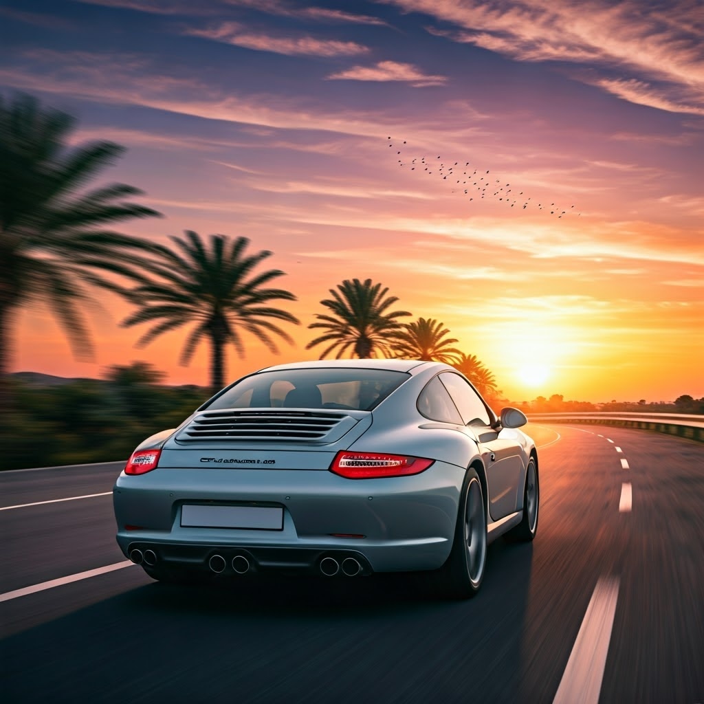 Porsche 911 driving down palm tree-lined highway at sunset, Naples FL Porsche lifestyle, Gulf Shore Boulevard Porsche cruise, Porsche sports car Naples scenic drive, Southwest Florida car culture, buy Porsche Naples FL, Porsche dealership Naples, new Porsche for sale Naples, Porsche lease deals Naples FL, how to buy a Porsche in Naples, custom Porsche Naples