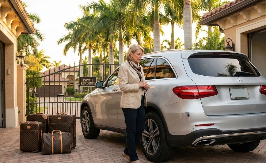 snowbird luxury SUV with bumper scrape in Naples driveway, seasonal resident returning to Florida noticing transport damage, palm tree gated community in Southwest Florida, scratched Mercedes style SUV near private residence, Naples Premium Collision Center luxury collision repair, SUV bumper and quarter panel repair Naples FL, high end imported vehicle body shop near Marco Island, post shipping inspection for Porsche Mercedes Bentley owners, Naples snowbird auto body specialist, protect luxury car resale value with certified collision repair