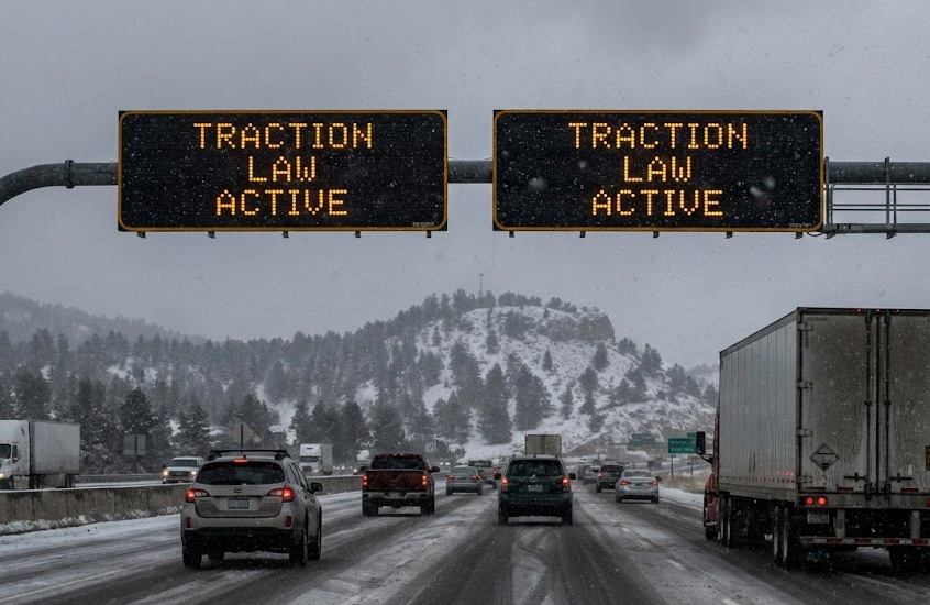 Colorado Traction Law Active sign on I-25, Code 15 winter driving Colorado Springs, Monument Hill snowy highway traffic, South Colorado Springs Nissan service, Colorado winter tire law, Nissan Rogue Pathfinder Altima driver education, I-25 traction law fines, Colorado Code 15 tire requirements, winter safety on Palmer Divide, Nissan dealership near Academy Blvd Colorado Springs
