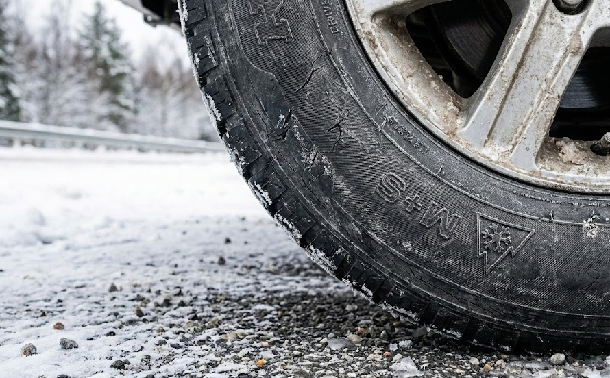 Closeup of winter tire M+S and Three Peak Mountain Snowflake symbol, Code 15 compliant tire sidewall, Colorado snow tire requirements, Nissan Rogue winter tires Colorado Springs, South Colorado Springs Nissan tire shop, mountain snowflake logo on rubber, Colorado Traction Law legal tires, winter-ready tread for I-25 driving, snow and ice traction rating, Colorado winter tire inspection