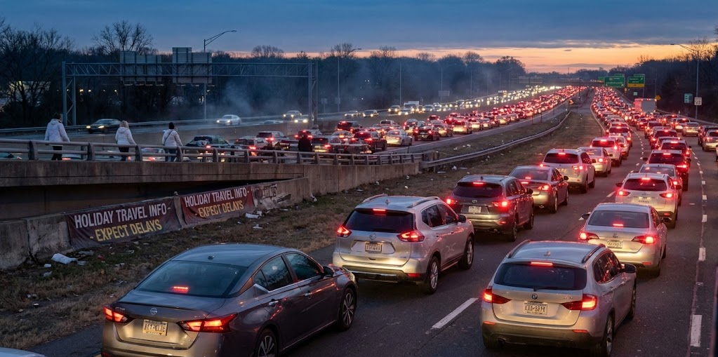 Heavy holiday travel traffic on interstate near Atlanta, brake lights in evening rush, Nissan sedans and SUVs in highway backup, holiday road trip delays on I-85, Georgia holiday driving conditions, prepare your car for long-distance holiday travel, avoid roadside breakdown during peak traffic, Stone Mountain Nissan recommends pre-trip inspection, congested Atlanta highways during holiday season, safe family travel to and from Lilburn GA