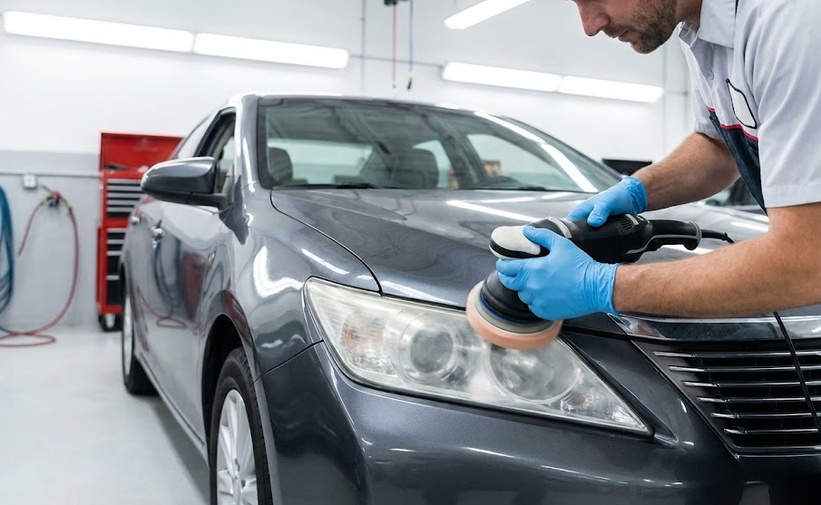 technician restoring cloudy Nissan headlight, Stone Mountain Nissan headlight restoration service, professional headlight polishing Stone Mountain GA, remove yellow foggy headlights, UV oxidation repair Georgia, factory-trained Nissan technician Lilburn, Nissan service center Highway 78, improve nighttime visibility Stone Mountain, headlight restoration vs replacement, schedule Nissan headlight service near Lilburn GA