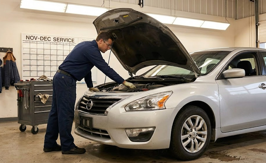 Stone Mountain Nissan technician performing holiday pre-trip inspection, Nissan service center Lilburn GA, factory-trained Nissan mechanic checking under hood, holiday road trip car inspection near Stone Mountain, schedule Nissan service before long-distance drive, Nov–Dec service calendar, Nissan Altima maintenance Atlanta area, pre-holiday belt and hose inspection, Nissan dealer service specials near I-85 and I-285, trusted Nissan repair shop DeKalb County