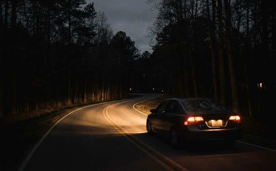 car driving at night on curving wooded road, nighttime driving Stone Mountain GA, dimly lit Georgia highway, Nissan headlights on dark road, headlight safety Highway 78, cloudy headlights reduce visibility, fall and winter night driving near Lilburn, avoid deer collisions Stone Mountain, Georgia driver safety tips, Nissan service center near Lilburn GA, schedule headlight inspection Stone Mountain Nissan Service