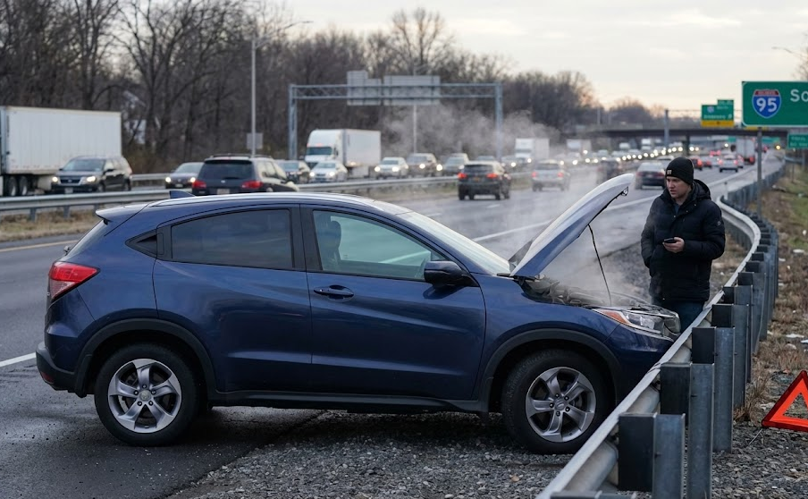 Roadside breakdown with crossover SUV and steam from overheated engine, stranded driver on interstate shoulder during holiday travel, traffic flowing past in background, coolant leak and failed radiator hose example, why pre-trip inspection matters, avoid being stuck on I-85 or I-285 near Atlanta, Stone Mountain Nissan holiday travel safety, emergency roadside situation winter highway, Nissan cooling system maintenance Lilburn GA
