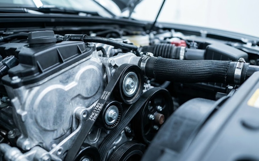 Close-up of Nissan engine bay, serpentine belt and radiator hose inspection, Stone Mountain Nissan Service Center, prevent holiday breakdowns Lilburn GA, Nissan cooling system maintenance, belt and hose dry-rot check, pre-trip engine inspection for long highway drives, holiday travel car prep Atlanta, avoid overheating on I-85 road trip, professional Nissan service near Stone Mountain Park