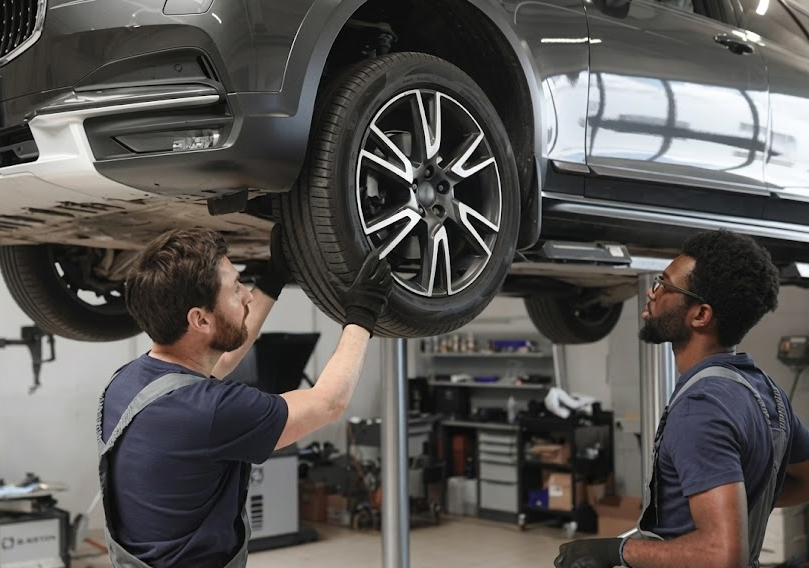 Honda service technicians rotating tires on lifted vehicle, professional tire rotation Louisville KY, Honda World Louisville service bay, factory trained Honda tire experts, fall maintenance before winter storms, Honda tire alignment and rotation near Bardstown Road, Louisville KY Honda dealership service center, extend tire life with regular rotations, prepare Honda tires for wet leaf-covered streets
