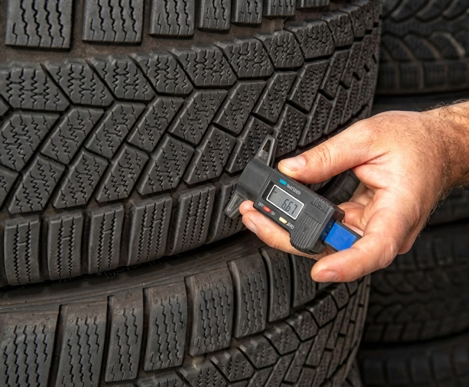 technician using digital gauge to measure tire tread depth, close up of tire grooves, Honda tire tread inspection Louisville KY, check 4-32 tread for wet roads, Louisville Honda World Express Service lane, fall tire safety check before wet leaf season, accurate tire tread measurement for Honda Accord Civic CR-V, prevent hydroplaning with deeper tread, Louisville KY Honda service center tire maintenance