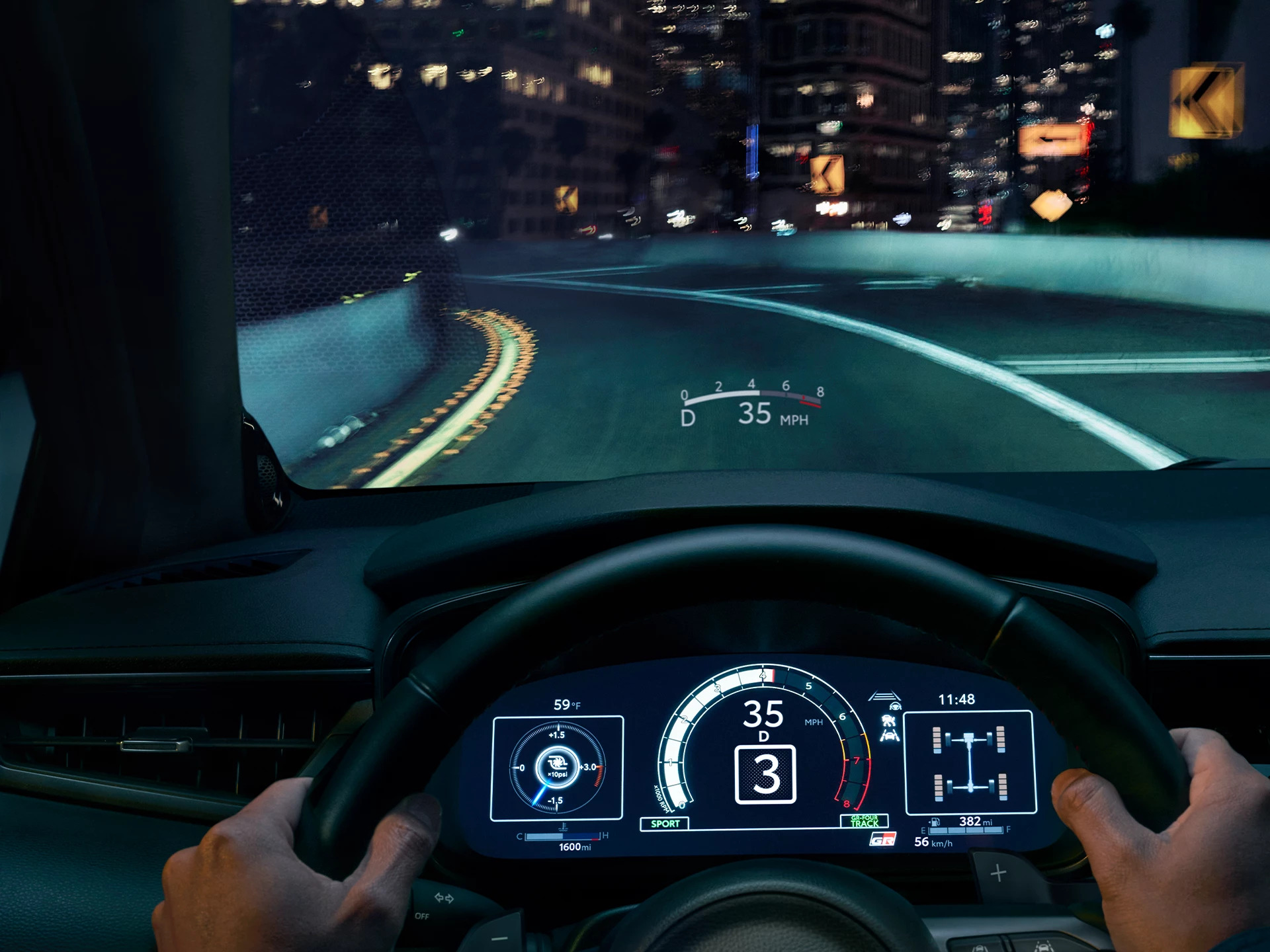 Toyota dashboard at night with lane markings, Toyota Safety Sense calibration Knoxville TN, Dynamic Radar Cruise Control distance accuracy, Lane Departure Alert steering assist verification, Road Sign Assist recognition, Toyota ADAS dynamic calibration road test in Knoxville, certified Toyota technician diagnostics, Toyota of Knoxville service center