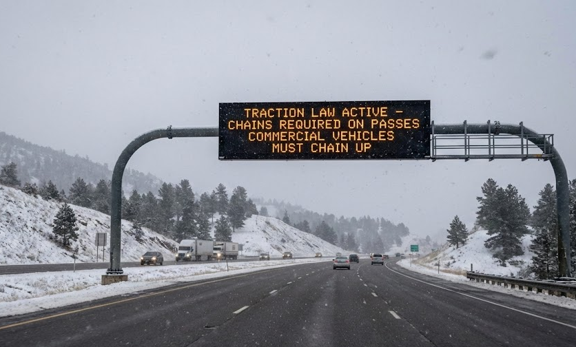 Colorado traction law active highway sign in winter storm, electronic message board warning chains required on mountain passes, Colorado Springs winter driving conditions on I-70 and I-25, snowy highway surrounded by pine trees near Pikes Peak, Colorado winter weather advisory for drivers, traction law Code 15 and Code 16 reminder, safe winter driving tips for Colorado Springs commuters, Woodmen Nissan Service winter tire safety, Colorado traction law information for Nissan Rogue and Altima owners