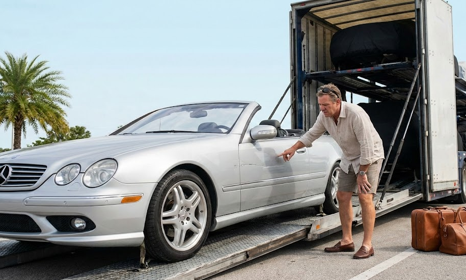 luxury convertible arriving on car carrier in Florida, driver inspecting scratch on door, transport damage to high end vehicle Naples FL, snowbird car shipping problem, Mercedes style coupe with door ding, Naples Premium Collision Center post transport inspection, luxury auto body shop near Naples Pier, certified repair for shipping damage to Porsche Mercedes Bentley, OEM parts collision repair Southwest Florida, car carrier damage insurance claim help, Naples snowbird vehicle delivery checklist
