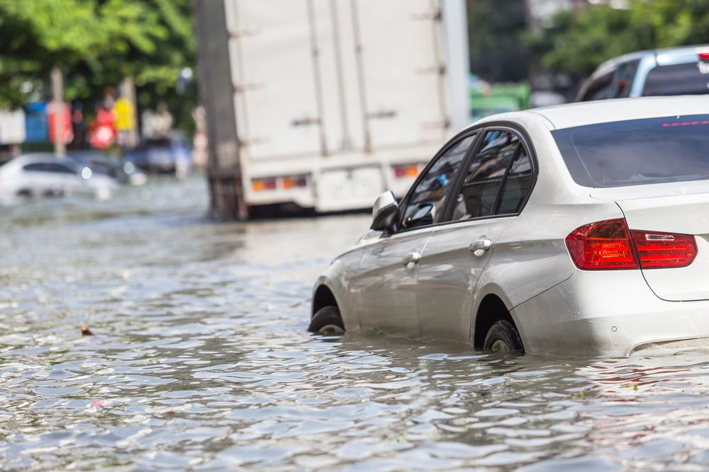 Car submerged in Franklin TN floodwater, summer storm vehicle water damage Williamson County, Cool Springs Galleria auto flood response, rainstorm submersion damage, flash flood vehicle risk Tennessee