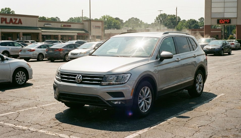 Volkswagen SUV parked in shopping center lot on 102 degree summer day, Atlanta GA extreme heat and humidity, hot asphalt and direct sun damaging car battery, VW Tiguan style SUV in Snellville parking lot, under hood temperatures rising in summer traffic, Southern climate heat stress on batteries, Stone Mountain Volkswagen reminding drivers heat kills batteries, Atlanta metro summer car care tips, VW battery life shortened by hot weather