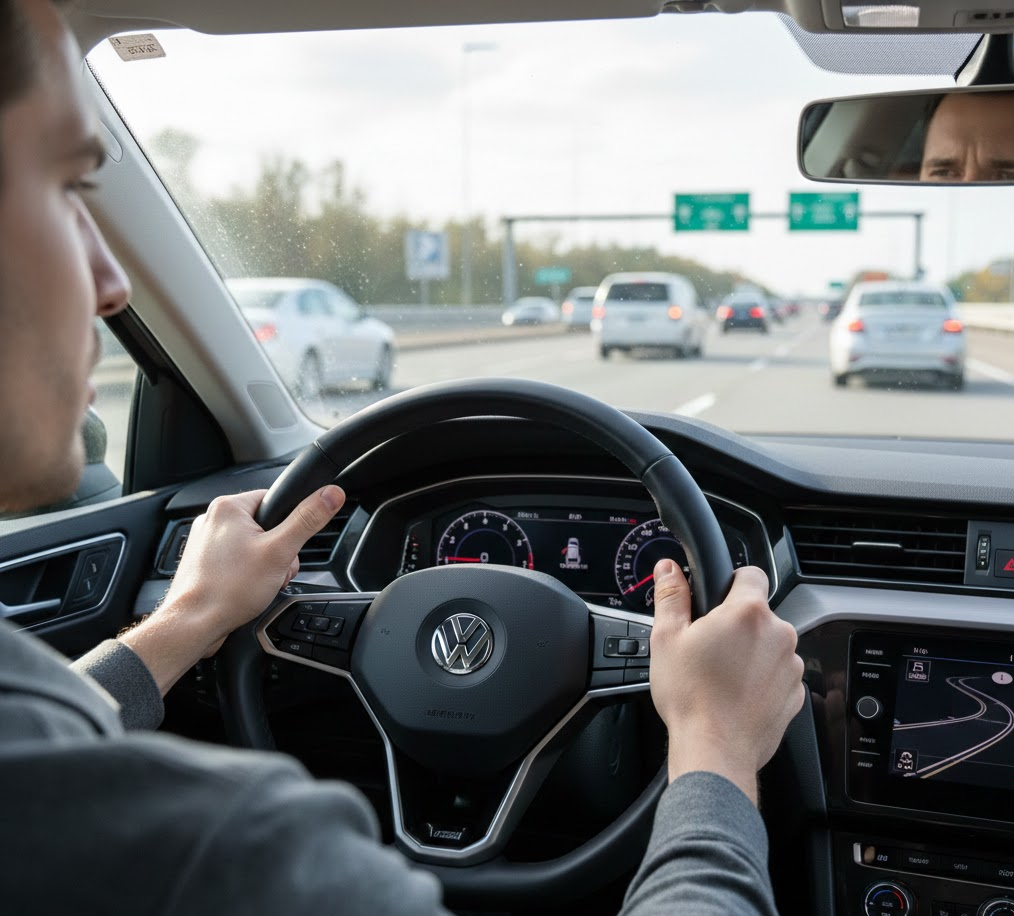driver holding steering wheel on highway, shaking steering wheel in Volkswagen, steering wheel vibration at 60 mph, VW wheel balance issues Stone Mountain, Volkswagen alignment Stone Mountain GA, Stone Mountain VW service center near Snellville, Thanksgiving road trip safety check, unbalanced tire vibration diagnosis, VW alignment and balance specials near Atlanta, safe Volkswagen holiday travel on I-285 and I-85