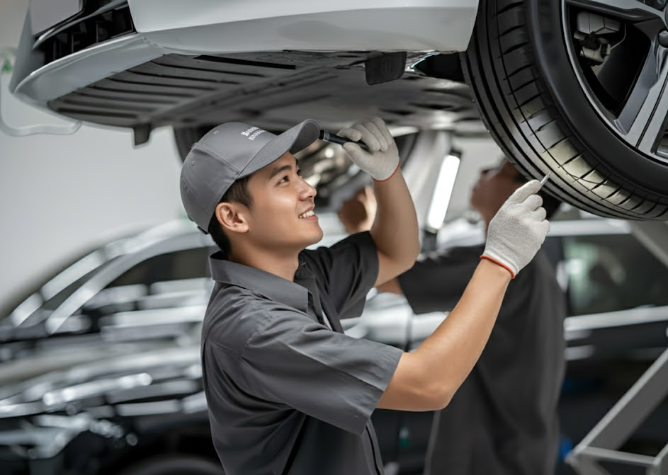 factory trained Volkswagen technician inspecting tire and suspension, VW wheel alignment rack at Stone Mountain Volkswagen Service Center, professional VW mechanic checking tread wear, complimentary alignment check Stone Mountain GA, genuine VW parts and service near Snellville, VW tire balance and rotation service, pre Thanksgiving road trip inspection, Volkswagen Jetta Tiguan Atlas alignment specialist in Georgia, trusted local VW service department