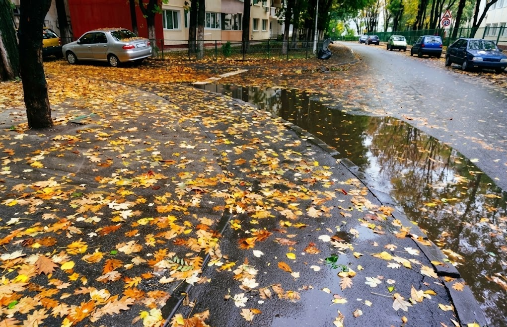 wet leaves on Louisville KY neighborhood street, slippery fall road hazard, hydroplaning risk on wet leaves, Honda tire safety tips Louisville, fall driving safety near Cherokee Park, dangerous leaf-covered pavement in The Highlands, Louisville Honda drivers watch for black ice effect, Honda World Louisville tire inspection reminder, prepare Honda Accord Civic CR-V for wet leaf season, Louisville KY fall weather tire traction issues