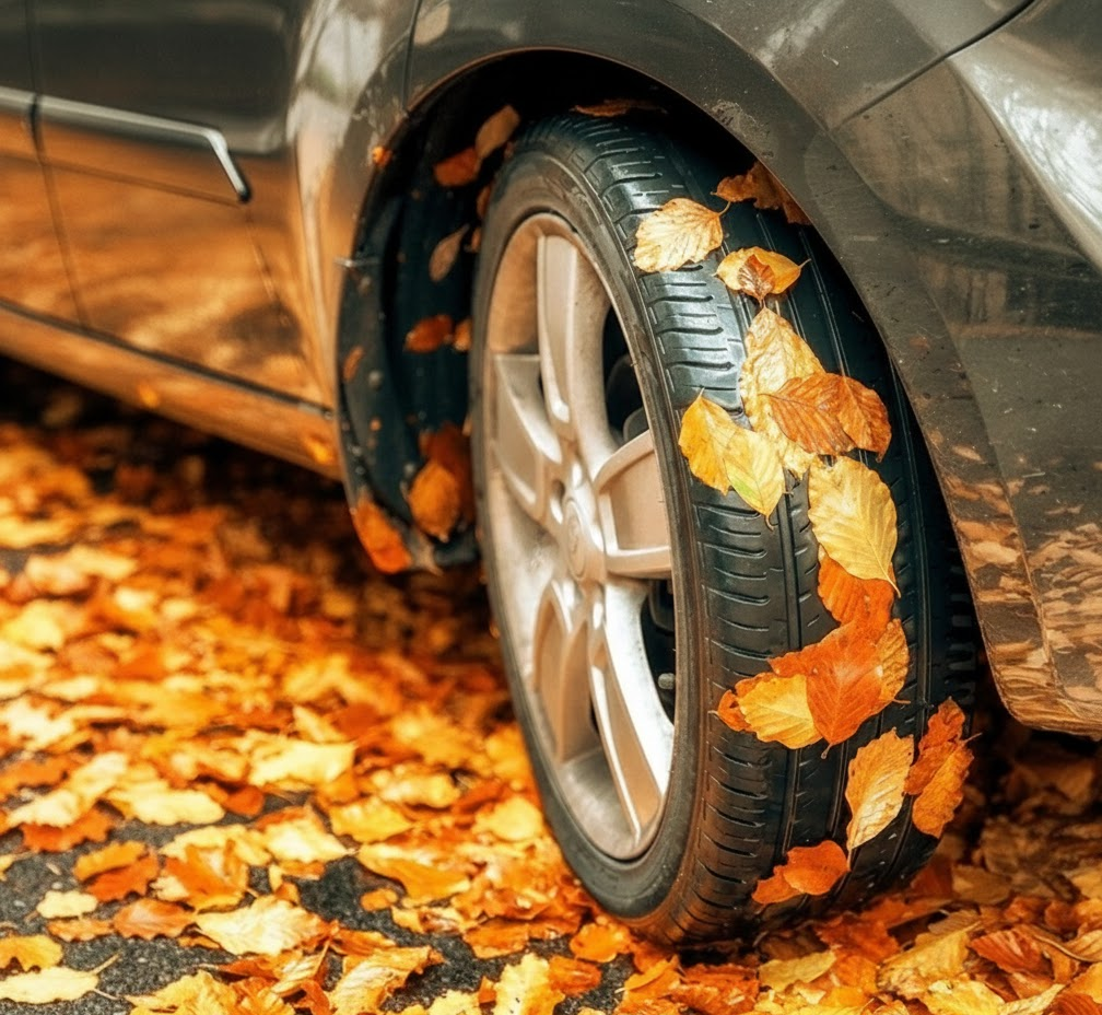 car tire covered in wet autumn leaves, slippery fall road hazard like black ice near Lake Norman, reduced traction on leaf covered pavement, Cornelius NC fall driving conditions, INFINITI sliding risk on wet leaves, importance of premium tires and tread depth, Lake Norman INFINITI Service Center tire safety reminder, fall weather tire inspection Cornelius North Carolina