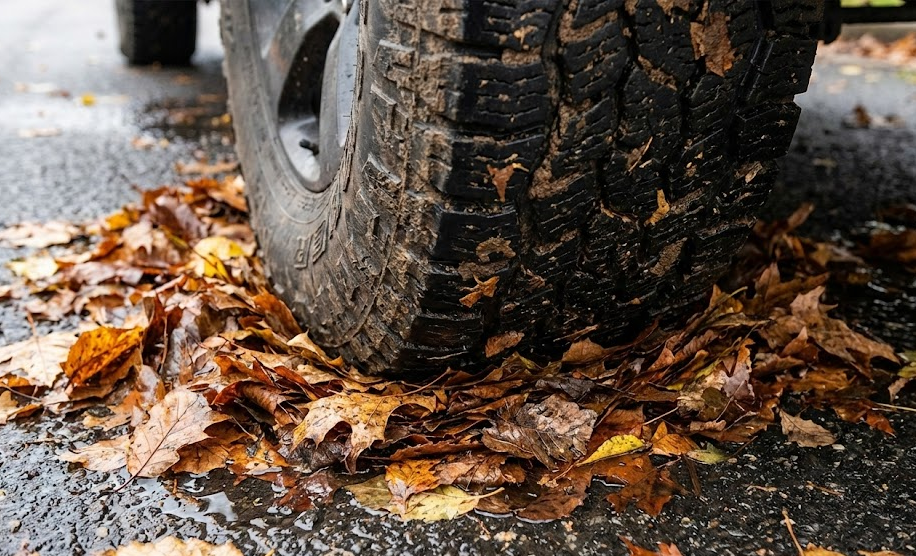 close-up SUV tire on wet fall leaves, hydroplaning risk on Murfreesboro Road, slippery leaf-covered pavement Franklin TN, tire tread blocked by wet foliage, Franklin Chrysler Dodge Jeep Ram Service Center hydroplane prevention, Tennessee fall driving safety tips, tire and alignment check near Williamson County, CDJR service for leaf-covered roads, prepare Jeep Ram Dodge Chrysler for rainy weather, Franklin TN tire traction inspection, local CDJR dealer road safety education