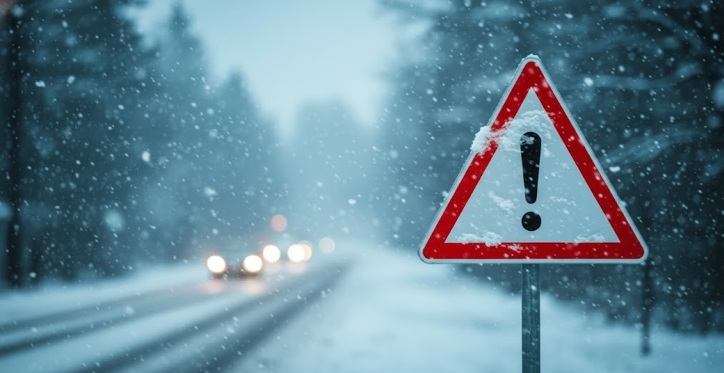 winter storm warning sign on snowy road, snow falling around highway, blurred headlights in distance, Long Island snow squall danger, BMW winter driving safety alert, BMW of Freeport Service Center winter readiness tips, hazardous visibility during storm, reminder to install winter tires, New York winter road conditions, cold weather driving caution for BMW owners