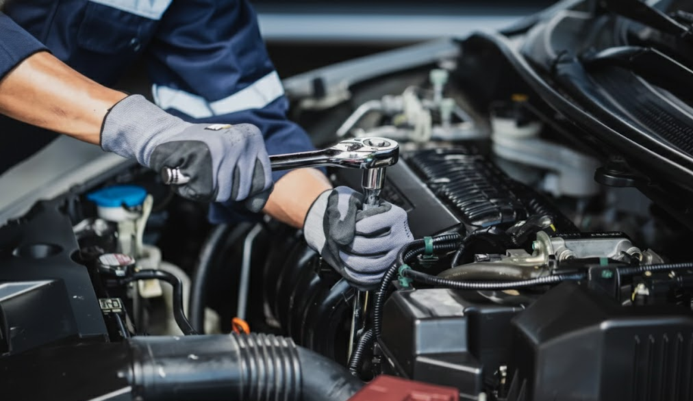 Close-up of auto technician in gloves using ratchet on engine bay component, symbolic of Nissan Xtronic CVT transmission service, CVT fluid exchange and inspection, Woodmen Nissan Service center Colorado Springs, professional maintenance for Rogue Pathfinder Altima, preventative transmission care before Pikes Peak and Monument Hill mountain drives, severe service schedule compliance